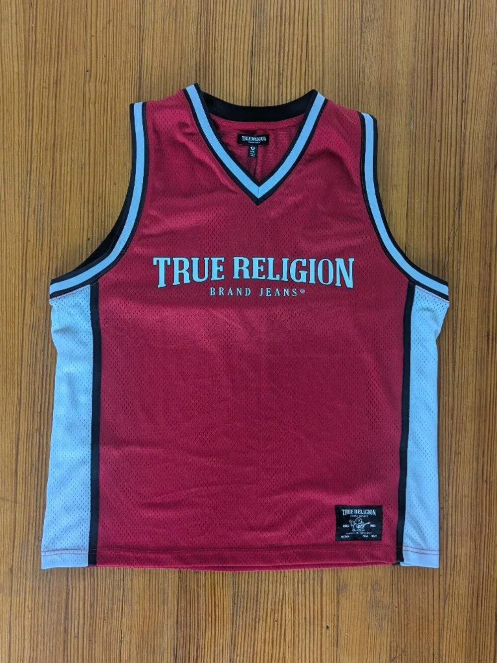 True Religion World Tour Arch Logo Mesh Tank Top Jersey Mens M Red Sorbet New